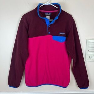 PATAGONIA Synchilla Women's MEDIUM Snap T Pullover Maroon & Pink w/Blue Trim